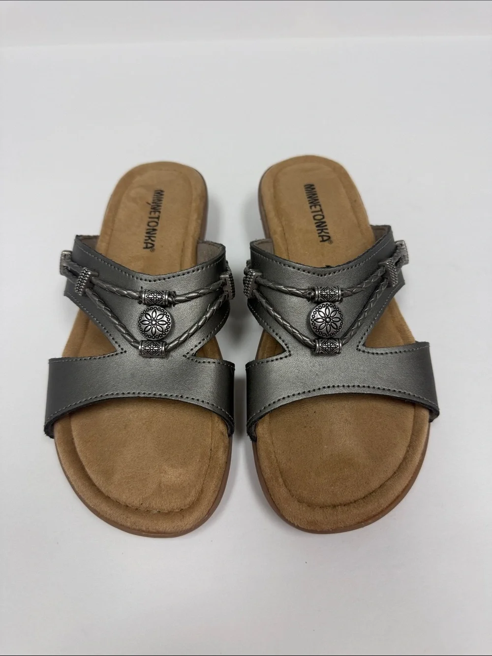 Minnetonka Metallic Gray Double-Strap Slide Sandals with Concho Detail